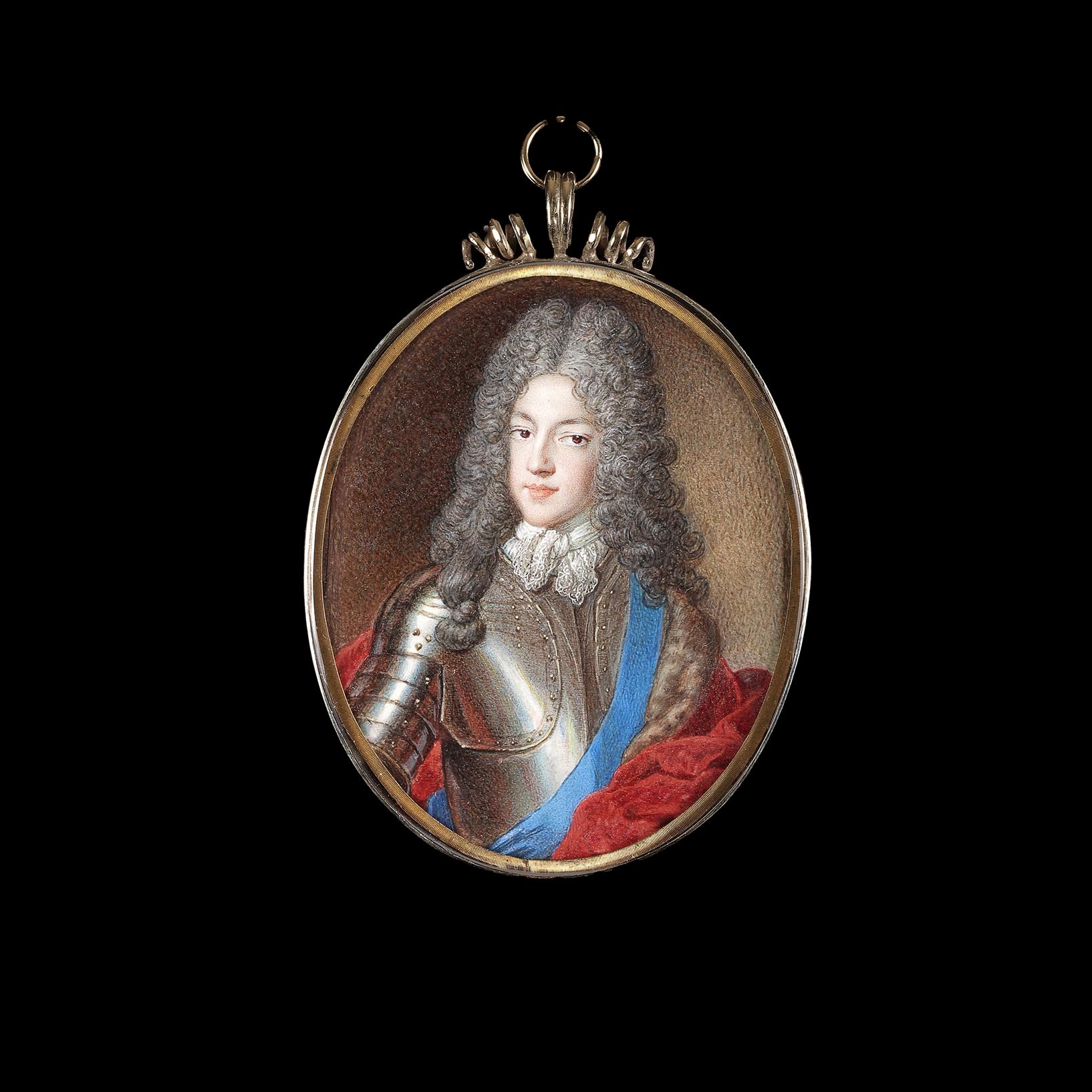 Portrait Miniature of James Francis Edward Stuart (1688-1766), 'The Old Pretender', wearing armour, white lace stock and blue sash of the Garter
